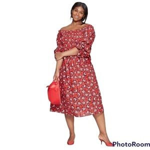 WHO WHAT WEAR Off The Shoulder Red  With Pink Floral Print Midi Dress Plus Sz 4X